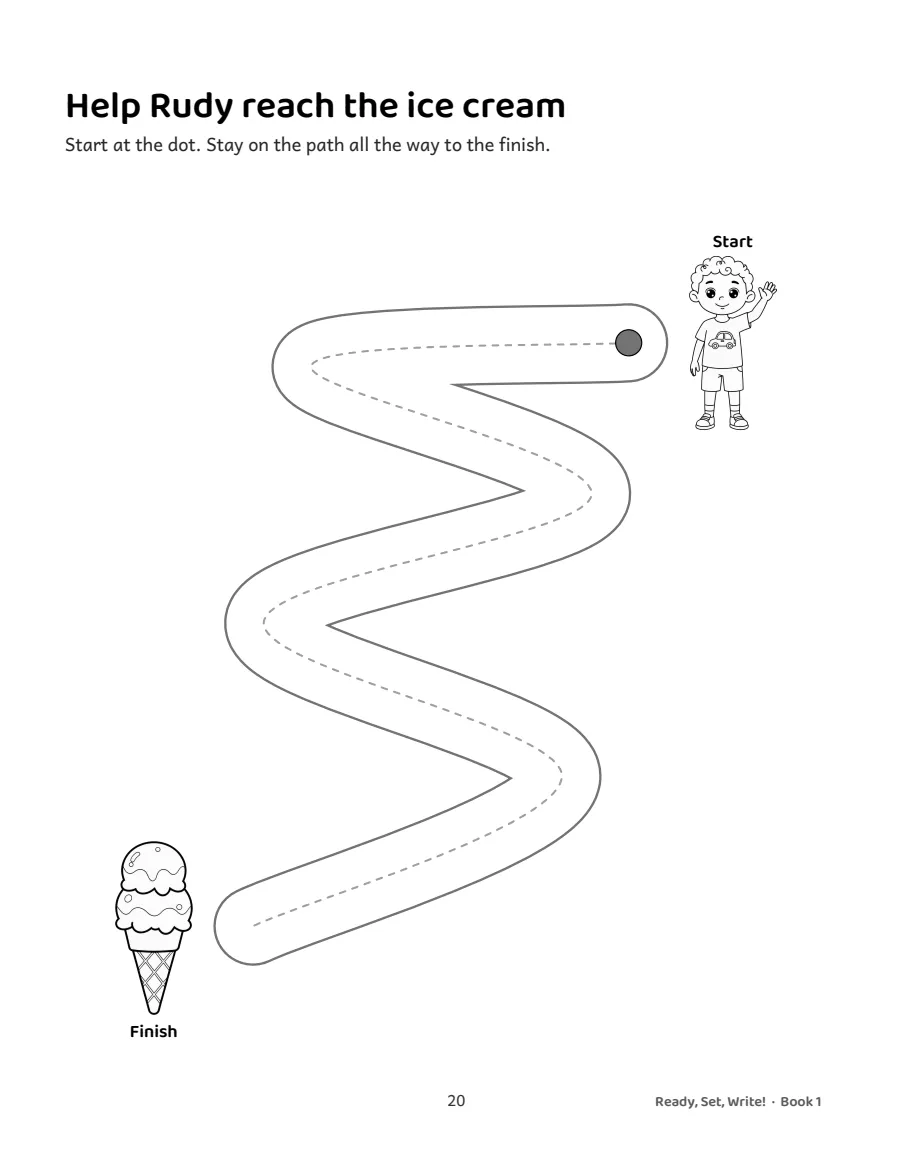 A winding path maze from a start dot to an ice cream, drawn as two lines with a dashed line down the middle.