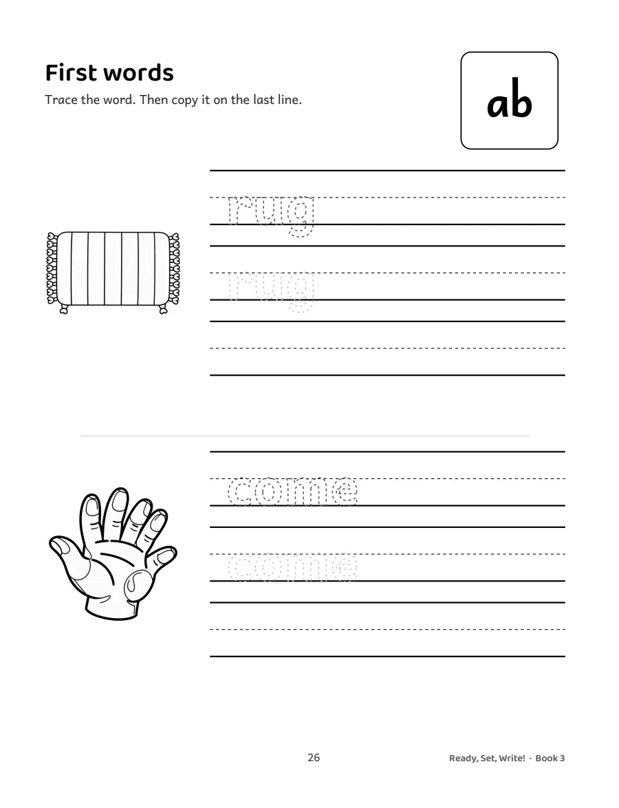 A word page with a picture and the word written on a handwriting rule, first as a model and then as dotted copies.