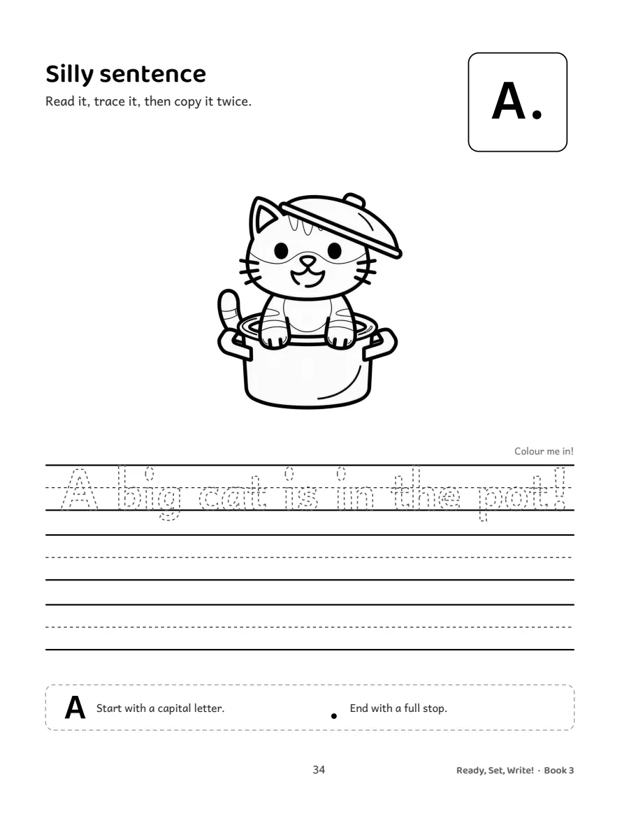 A write-your-own page with a word bank at the top and empty handwriting rules below.